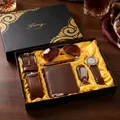 Men's 6-piece brown leather accessory gift set with watch, belt, and wallet. - Gift Box / Coffee Set (Belt + Sunglasses + Watch + Pen + Keychain + Wallet)