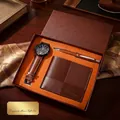 Elegant men's brown leather gift set including watch, wallet, and pen in box - Gift Box / 4-Piece Coffee Set (Wallet + Keychain + Pen + Gift Box)