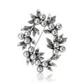 Klassische Vintage Kranz Brosche mit grauen Perlen und glitzernden Strasssteinen - Silber (B113-A)