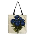 Grande borsa shopping in lino con un design floreale vintage di rose blu scuro - Beige chiaro con stampa rosa blu (hm5185)