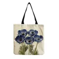 Close-up detail of a large capacity linen tote bag featuring a blue anemone floral print - Beige with Blue Anemone Print (hm5188)