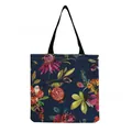 Close-up detail of a navy blue tote bag with vibrant floral and pomegranate patterns. - Dark Blue with Red Flower and Pomegranate Print (hm5191)