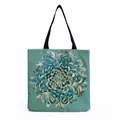 Detailed close-up of canvas tote bag featuring a vibrant teal chrysanthemum floral print design - Tiffany Blue with Dahlia Print (hm5195)