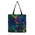 Detailed macro view of large capacity tote bag with vibrant blue and purple floral print - Dark Background with Dense Colorful Flower Clusters (hm5196)