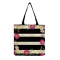 Close-up detail of pink floral pattern on a black and white striped canvas bag - Black and White Stripes with Pink Chrysanthemum (hm5198)