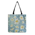 Close-up of lightweight daisy print linen tote bag featuring durable black shoulder straps - Light Blue with White Daisy Ditsy Floral (hm5200)