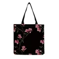 Detailed close-up showing the realistic pink magnolia floral print on a black tote bag - Black with Pink Magnolia Print (hm5207)