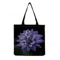 Macro detail of vibrant purple flower print on black canvas tote bag for stylish shopping - Black Background Purple Dahlia Photography Print (hm5210)