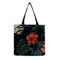 Macro view of portable tote bag featuring vintage tropical hibiscus flower print - Dark Background Tropical Hibiscus and Palm Leaf (hm5212)