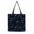 Floral print canvas tote bag with dark background and black handles - Dark Base with Pink and Light Blue Floral (hm5214)
