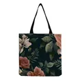 Large capacity reusable canvas shopping tote bag with vintage floral rose print - Dark Green with Light Pink and White Rose (hm5216)