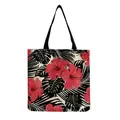 Canvas tote bag featuring red hibiscus and black tropical leaf print for daily shopping. - Tropical Style Red Hibiscus and Monstera Print (hm5217)