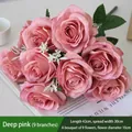 Deep pink artificial silk rose bouquet with 9 heads for indoor floral decoration - A Large Bunch Of Deep Pink Roses With Nine Branches