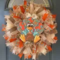 Detail view of Thanksgiving turkey wreath with festive orange and brown mesh ribbons - Turkey Wood Sign (Style 20) / 45cm (Without Light)