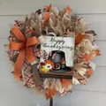 Detailed view of autumn Thanksgiving wreath with mesh, ribbons and pilgrim hat wooden sign. - Happy Thanksgiving (Style 21) / 45cm (Without Light)