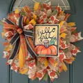 Detailed view of fall harvest wreath with pumpkin ribbons and Hello Fall sign - Hello Fall (Style 23) / 45cm (Without Light)