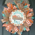 Detailed view of fall harvest wreath with welcome sign and leopard truck ribbons - Pumpkin Truck (Style 24) / 45cm (Without Light)