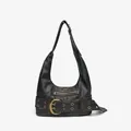 Vintage punk black leather shoulder bag with large metal buckle and grommets - Black