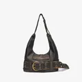 Front view of vintage punk biker shoulder bag with large metal buckle and belt detail - Dark Gray