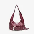 Punk style wine red biker shoulder bag with large metal buckle detail - Burgundy