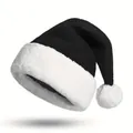 Detailed view of a black and white plush Christmas hat with a thick fluffy trim and pom-pom - Cuffed Style / Black