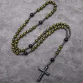 Detailed view of handcrafted wood and black hematite bead rosary necklace with cross - Green