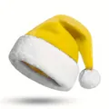 Detailed view of a thick yellow plush Santa hat with soft white fur trim for parties - Cuffed Style / Yellow