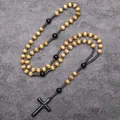 Detailed view of religious rosary necklace with wooden beads and hematite cross pendant - Dark Khaki