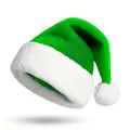 High-quality close-up of a vibrant green plush Santa hat with thick white faux fur trim - Cuffed Style / Green