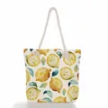 Large canvas beach tote bag with fresh lemon print and durable rope handles - Hand-painted Lemon and Leaves (ms0646)