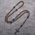 Handcrafted long religious rosary necklace with brown wooden beads and black cross - Dark Brown