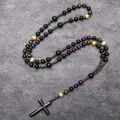 Long religious rosary necklace with hematite stone beads and a black cross pendant - Rainbow