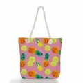 Summer pineapple print pink canvas beach tote bag with rope handle - Watercolor Pineapple on Pink (ms2018a)
