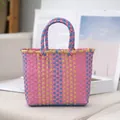 Handmade woven plastic tote bag in vibrant pink blue and yellow checkered pattern. - 23x17x6cm / Pink and Blue Handle