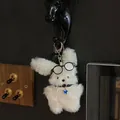 Adorable cute white fluffy rabbit plush keychain featuring black glasses and star collar - Pilot Long-Haired Rabbit (Star) / White