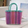 Fashionable multi-color striped hand-woven plastic tote bag with green handles for women - 23x17x6cm / Multicolored Green Handle