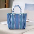 Women's blue woven plastic tote bag with colorful vertical stripes and braided handles - 23x17x6cm / Blue and White Handle