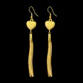 Elegant gold long tassel dangling earrings featuring a textured heart-shaped charm - Frosted Heart Style Earrings