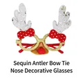 Festive Christmas antler glasses featuring sequins, red bowknots, and a fuzzy nose. - Silver Sequin Antler Bow Nose Style (CHYJ-19S)
