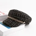 Close-up detail of an elegant black and gold tweed newsboy cap with gold chain - One Size 57-58cm / Tweed Woven Style (小香风黑色) / Black