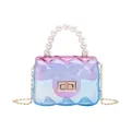 Mini transparent jelly handbag with pink-blue gradient finish and elegant pearl top handle - Blue