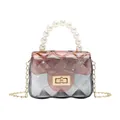 Mini transparent jelly bag with a gradient pink finish and an elegant pearl handle. - Black
