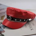 Vintage British style PU leather baker boy hat for women in vibrant red with chain - One Size 57-58cm / Anchor Badge Style (船瞄红色) / Red