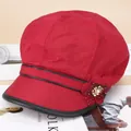 Retro British style newsboy hat in red with floral accent and faux leather trim - One Size 57-58cm / Trimmed Octagonal Style (包边八角红色) / Red