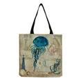 Vintage map style tote bag with vibrant blue jellyfish and marine life print - Blue Jellyfish and Nautical Elements Pattern (hm4534b)