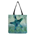 Close-up detail of the starfish print and woven canvas texture on the ocean-themed tote bag - Deep Blue Starfish and Seaweed Pattern (hm4539b)