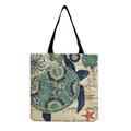 Sea turtle and marine life print canvas tote bag with black handles - Blue-green Sea Turtle and Starfish Pattern (hm4547b)