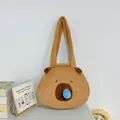 Lindo bolso de hombro de felpa Carpincho marrón con detalle de burbuja azul - Bolsa Nasal De Quita Y Pon (29 Cm De Alto 33 Cm De Ancho)