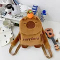 Adorable brown furry capybara plush backpack with small orange on head for kids - Flap Backpack
