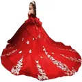 Elegantes rotes schulterfreies Ballkleid mit langer Schleppe und weißen Blumenapplikationen - 12 / Rot
